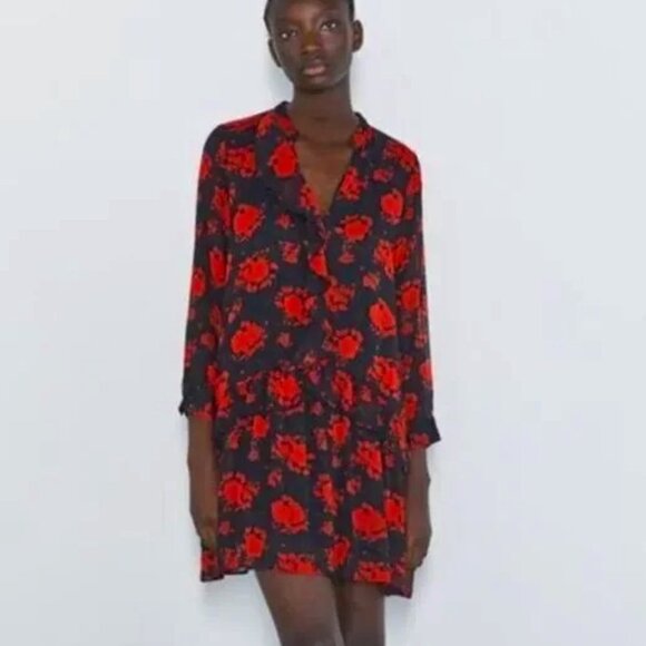 Zara Floral Print Black Red Rose Tiered Ruffle Mini Dress Size M EUC - Picture 1 of 12